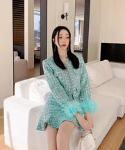 Shiny Diamonds Sequins Elegant Slim Fit Office Ladies Tweed Short Jacket High Waist A-Line Skirts Women Fashion Two Piece Set