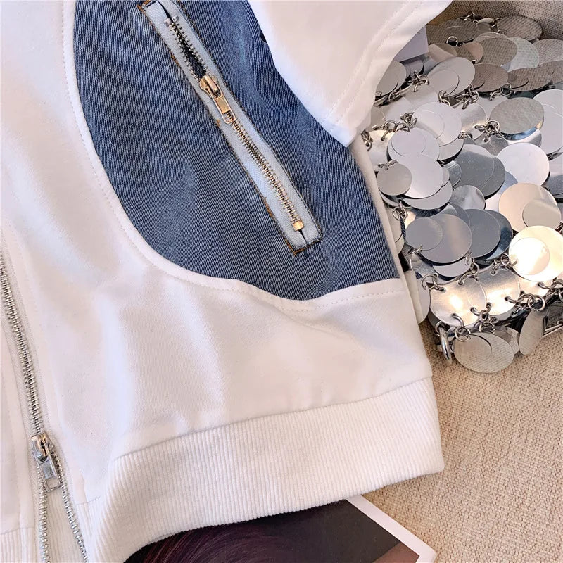 2024 Summer New Stitched Zipper T-shirt top Female Set Elegant Women's Jeans Casual Blouse Two Piece Set Ladies Tracksuits big