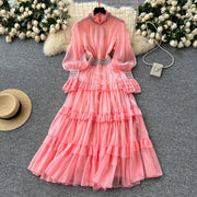 Elegant luxury French style dress, with smooth diamonds, flared sleeves and narrow waist, mid-length high quality