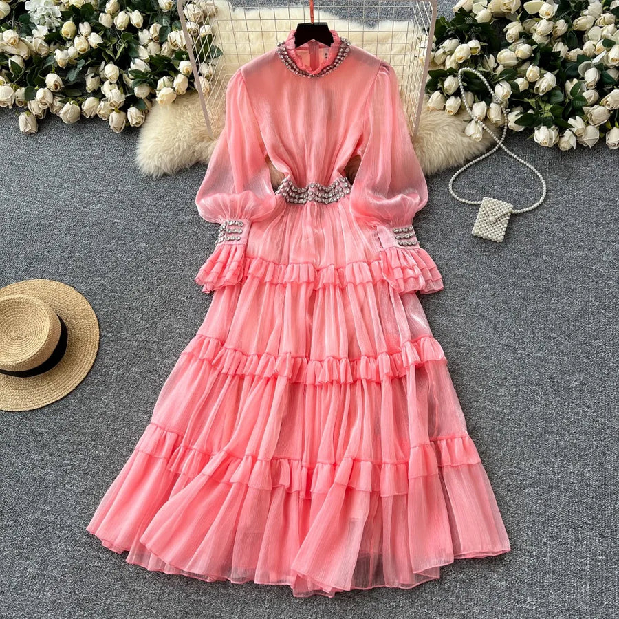 Elegant luxury French style dress, with smooth diamonds, flared sleeves and narrow waist, mid-length high quality