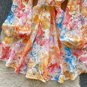 European and American court style bubble sleeve dress women's summer mesh hollow hook flower design temperament long skirt