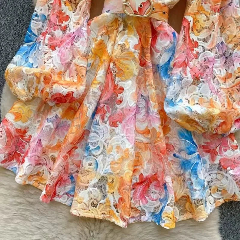 European and American court style bubble sleeve dress women's summer mesh hollow hook flower design temperament long skirt