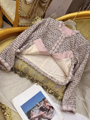 Autumn Winter Office Women Mixed Color Fit Sets Golden Silk O Neck Two Piece Set Tweed Jacket Slim Half Skirt Set Elegant Lady