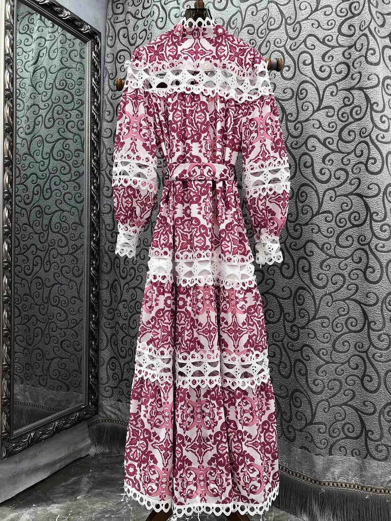 High Quality Purple Green Pink Long Sleeve Hollow Out Embroidery Vintage Print Maxi Dress