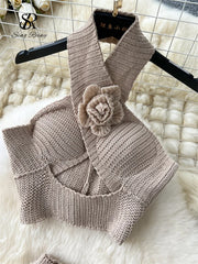 3D Knitted Women Sets Halter Hollow Out Mini Tops + Side Split Bodycon Long Skirt Sexy Beachwear 2 Piece Sets High Quality