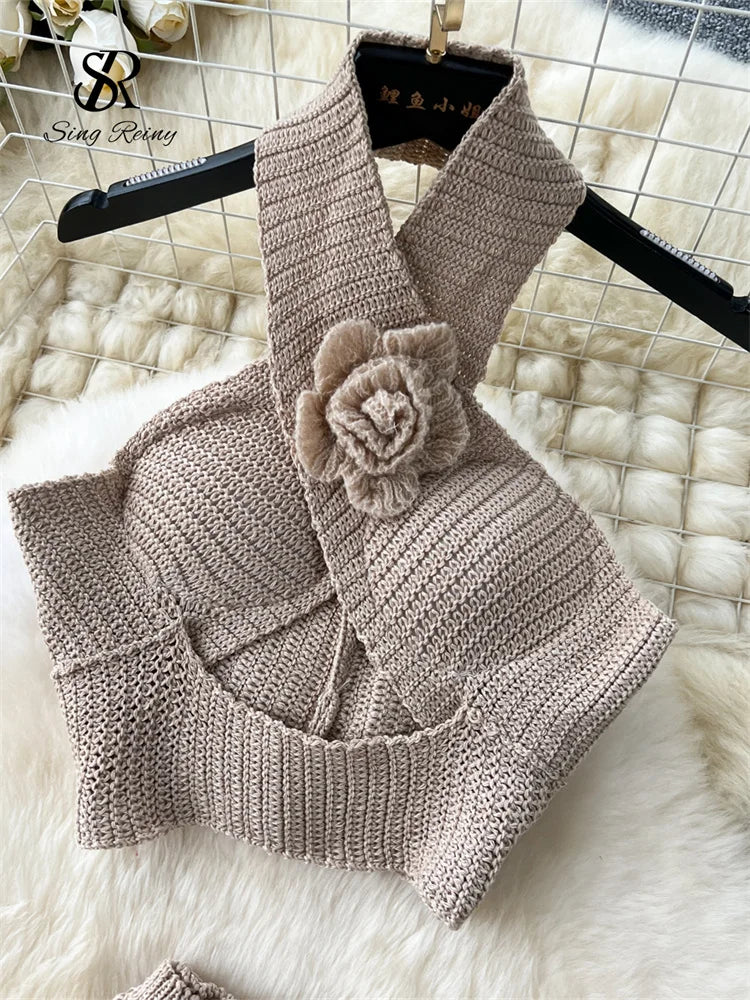 3D Knitted Women Sets Halter Hollow Out Mini Tops + Side Split Bodycon Long Skirt Sexy Beachwear 2 Piece Sets High Quality