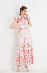 High Quality Sleeveless Ruffle Belted Flower Maxi Dress