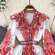 2023 Spring Autumn Women Short Dress Runway V-Neck Long Lantern Sleeve Single Breasted High Waist Party Vestidos A2297