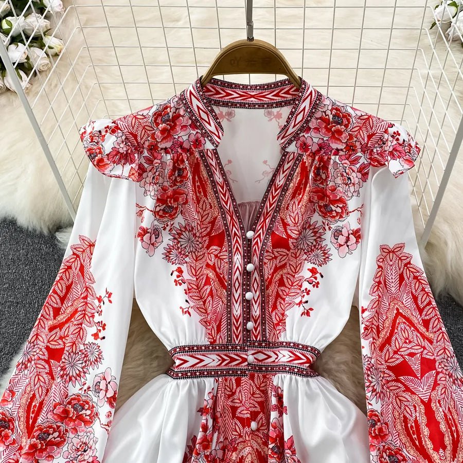 2023 Spring Autumn Women Short Dress Runway V-Neck Long Lantern Sleeve Single Breasted High Waist Party Vestidos A2297