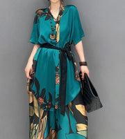 High Quality Print Long Blouse + Straight Pants Long Two Piece Sets