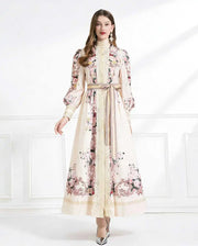 Elegant Lace Spliced Long Printed Dr Women's High Waist Lantern Sleeve Ball Gown Korean Sle Commute Fashion Spring Autumn Ladies