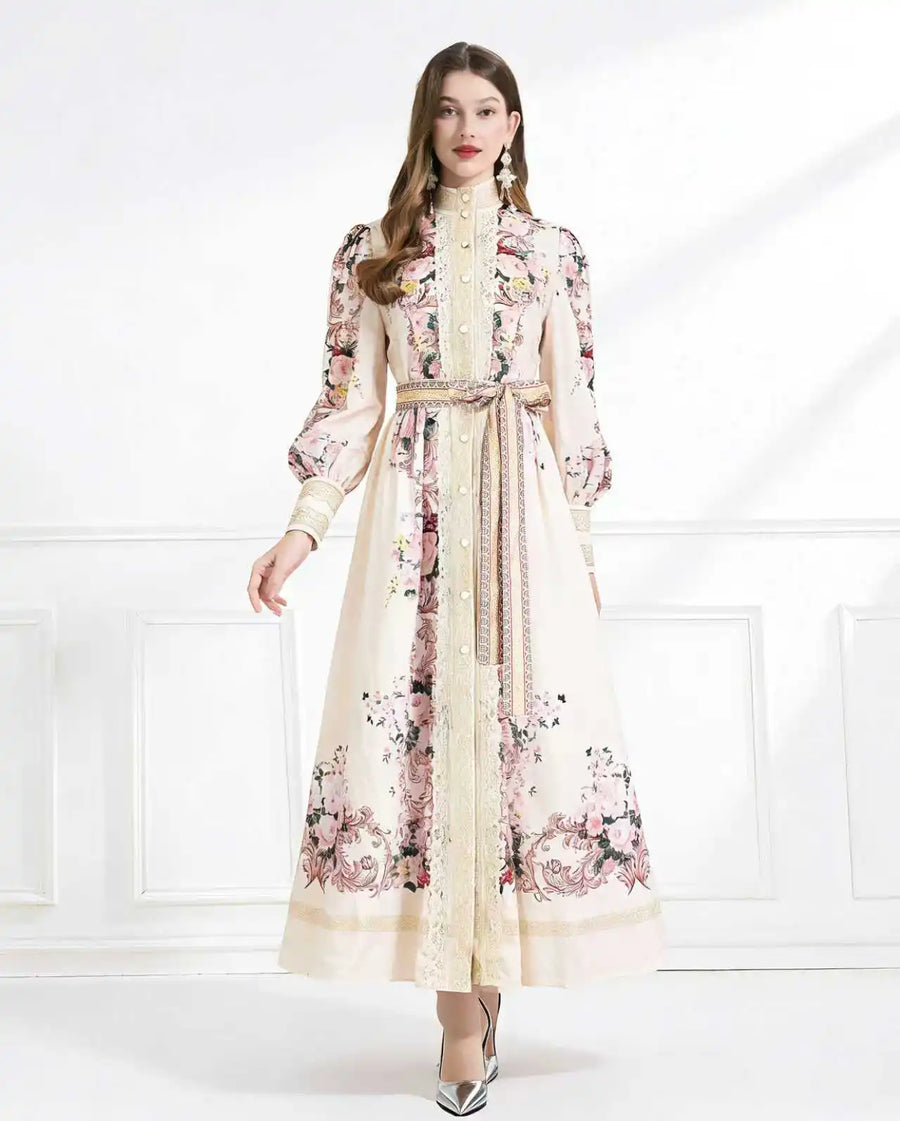 Elegant Lace Spliced Long Printed Dr Women's High Waist Lantern Sleeve Ball Gown Korean Sle Commute Fashion Spring Autumn Ladies
