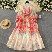 Long Dress Women Dresses Print Floral Turn Down Collar A Line Vestidos Lantern Sleeve Elegant High Waist Y2k 2025 Streetwear