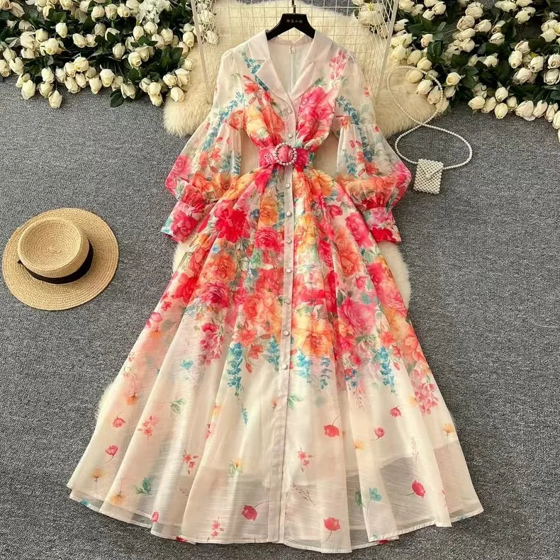 Long Dress Women Dresses Print Floral Turn Down Collar A Line Vestidos Lantern Sleeve Elegant High Waist Y2k 2025 Streetwear