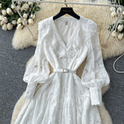 Women Long Dress Dresses Ruffles Vestidos V Neck Lantern Sleeve Elegant Splice Y2k Streetwear Hollow Out Tight Waist Work Party