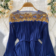 Floor Length Formal Evening Luxury Dress Women Summer Autumn See Through Crochet Crystal Beaded Long Sleeve Maxi Chiffon Dresses