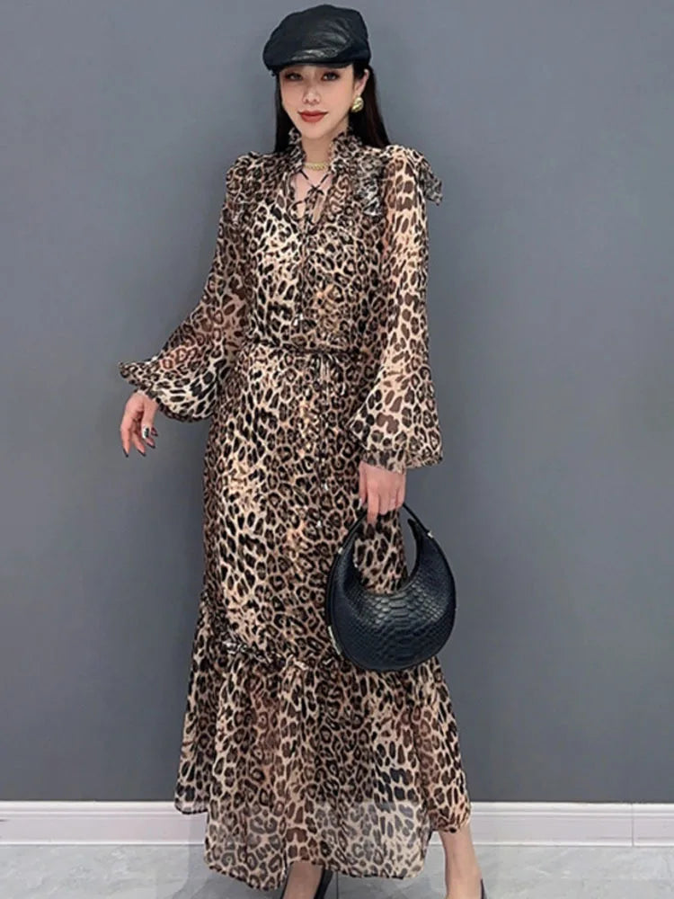 New High Quality Long Sleeve Leopard Print Chiffon Dresses