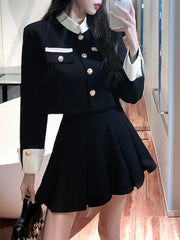 Spring Tweed Fashion Collision Color Crop Jacket Skirts Suit Female Long Sleeved Coat Pleated Skirt Two-piece Set