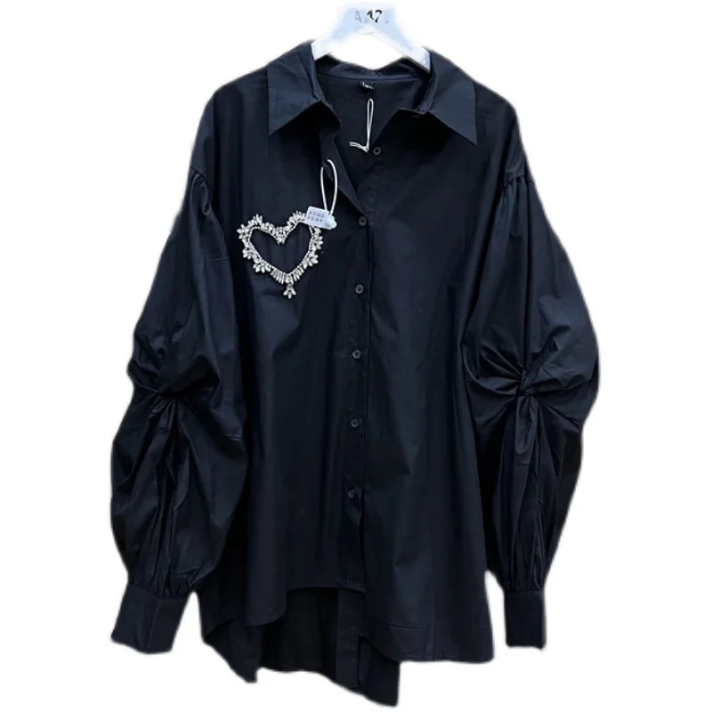 Spring Shirts for Women New Ins Heavy Industry Beads Love Three-Dimensional Twisted Bubble Long Sleeve Blouse Loose Top