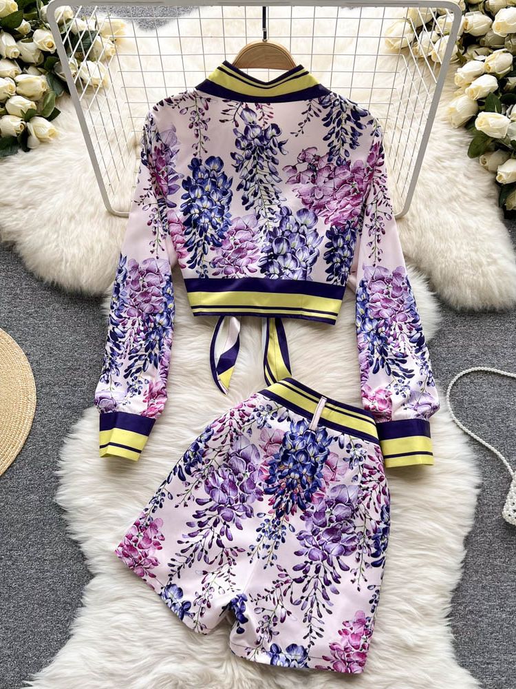 Two Piece Set Print Long Sleeve Crop Top Shirt + Pocket High Waist Shorts