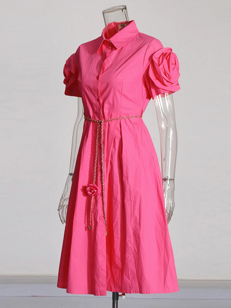 Solid Dresses Short Sleeve High Waist Metal Belt High Quality ROSE / S Solid Dresses Short Sleeve High Waist Metal Belt High Quality ROSE / S