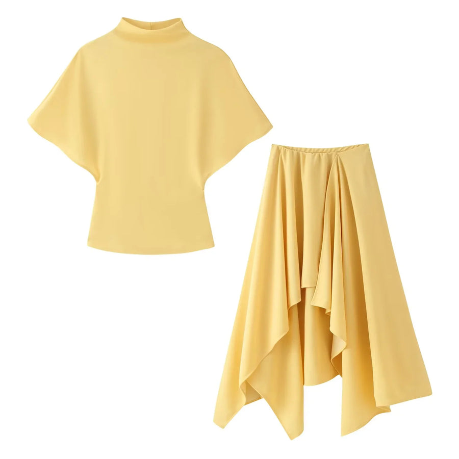 KONDALA Women Trendy Skirt Set Half High Collar Top Asymmetrical Skirt New Fashion 2026 Spring Summer Beach Holiday Skirt Set