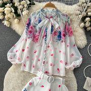 Two Piece Set Flower Print Lantern Sleeve Shirt Bow Neck Top + Belted Shorts High Quality