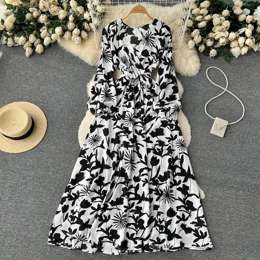 High Quality Multi Colors V Neck A-Line Floral Long Sleeve Dress