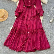 Elegant retro style slit maxi dress with pearl buttons and high-quality crochet embroidery