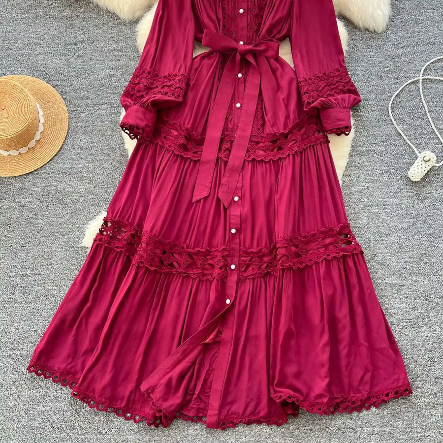 Elegant retro style slit maxi dress with pearl buttons and high-quality crochet embroidery