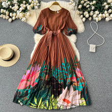 High Quality Round Neck Leaf Floral Print Belted Short Sleeve Pleated Long Dress