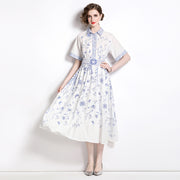 High Quality A-Line Floral Print Turn-down Collar Short Sleeve Chiffon Elegant Dress