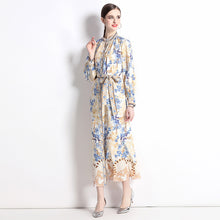 Vintage Flower Print Long Dress Stand Collar Flare Sleeve Loose Waist Lace Up Belt Buttons High Quality