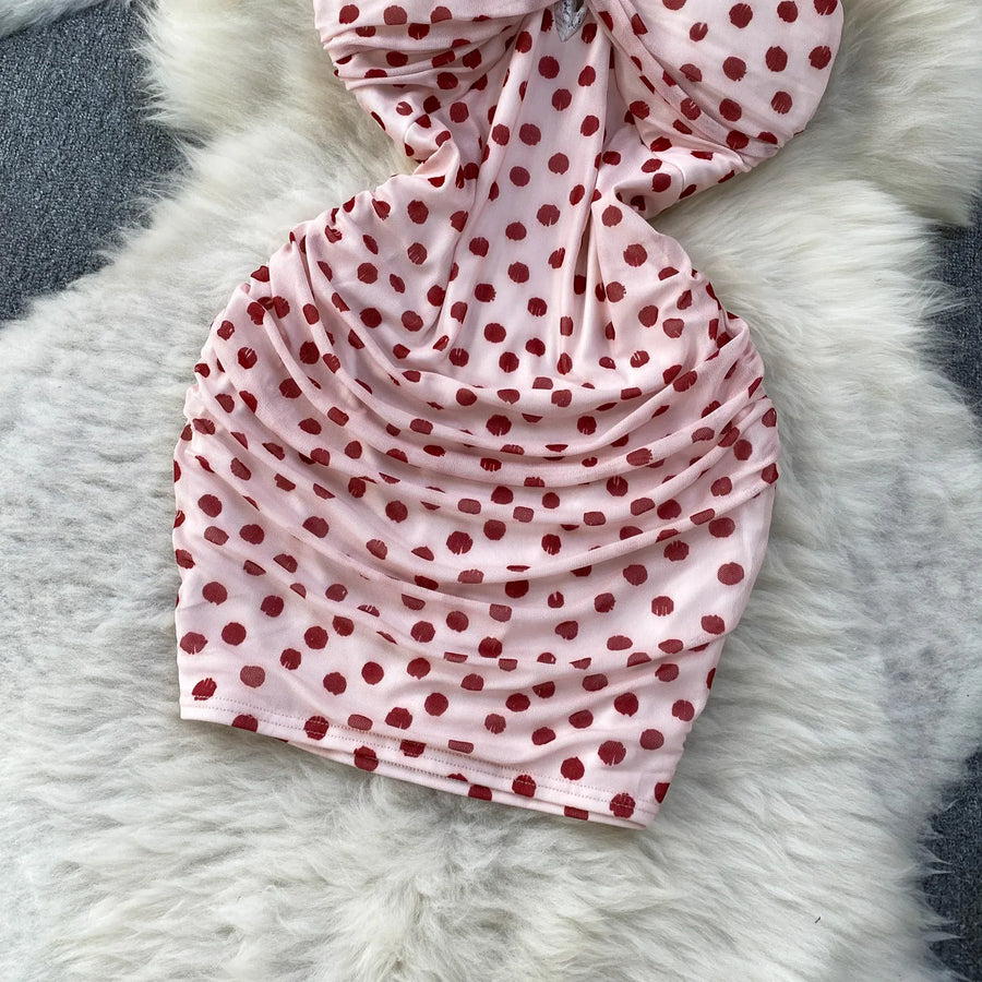 Elegant Sexy Lace Trim Knot V-Neck Halter Woman Dress Summer Ruffle Mesh Polka Dot Mini Woman Party Club Daily Streeywear Dress