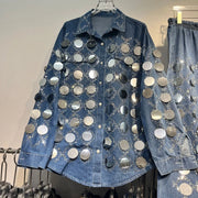 2-piece suit, large sequin shirt, pants and denim top, popular in European heavy industry, high-end, with wide-legged pants and fine beads.