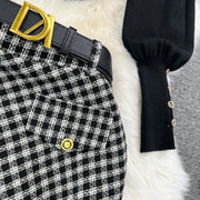 Women Elegant Style Two-piece Winter Lantern Long Sleeve Stand Collar Slim Knit Top High Waist Plaid Skirt Two-piece Set Women