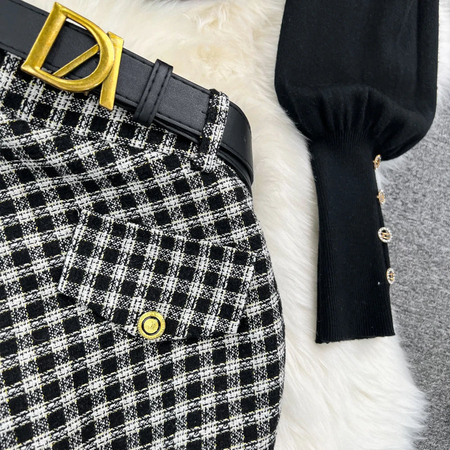Women Elegant Style Two-piece Winter Lantern Long Sleeve Stand Collar Slim Knit Top High Waist Plaid Skirt Two-piece Set Women