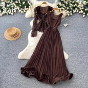 Lace Ruffle Camis Midi Dress Two Pieces Sets V Neck Top  Vintage   Tulle Pleated  Skirt   High Waist A-line Skirt Fall Sets