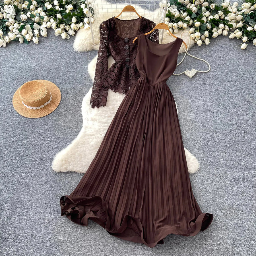 Lace Ruffle Camis Midi Dress Two Pieces Sets V Neck Top  Vintage   Tulle Pleated  Skirt   High Waist A-line Skirt Fall Sets