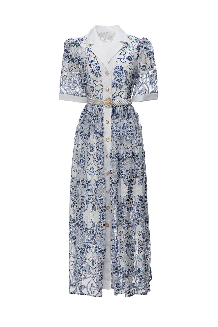 High Quality Vintage Lapel Buttons Lace Embroidery Bodycon Maxi Dress Mixed Color / L High Quality Vintage Lapel Buttons Lace Embroidery Bodycon Maxi Dress Mixed Color / L
