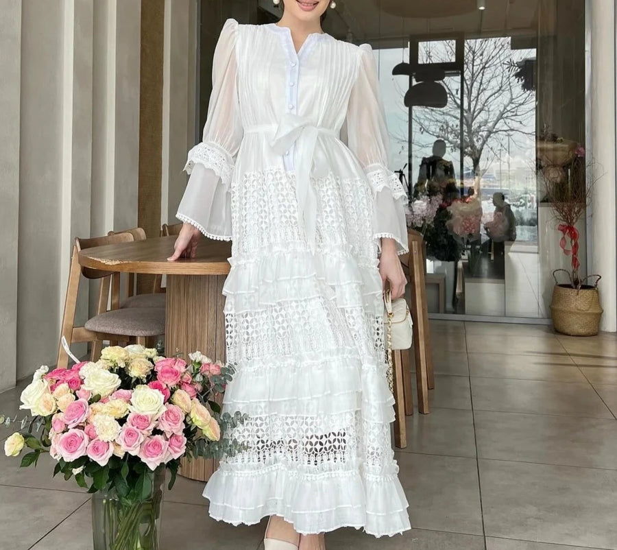 High quality long openwork bell sleeve ruffle elegant dress