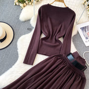 Women Elegant Office Two Piece Sets Autumn Winter Long Sleeved Standing Neck Sweater Top High Waist Slim A-line Long Skirt Suits