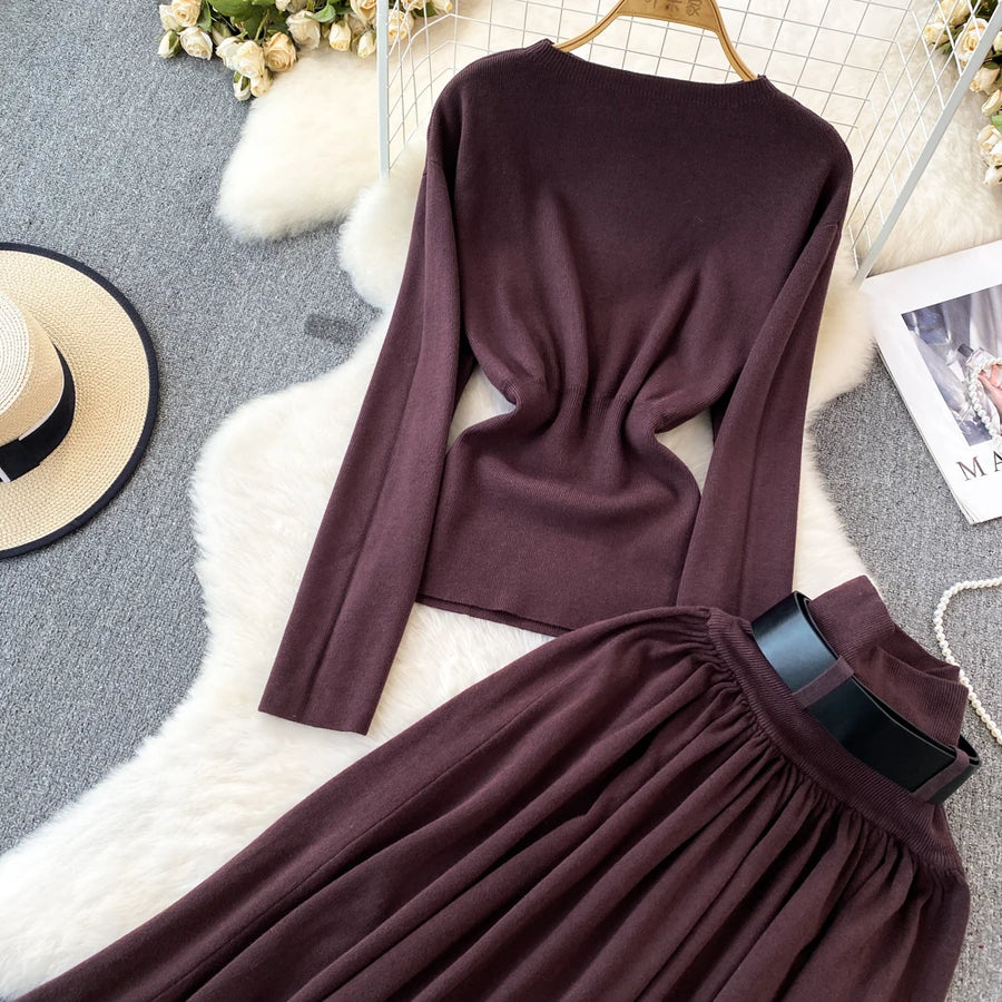 Women Elegant Office Two Piece Sets Autumn Winter Long Sleeved Standing Neck Sweater Top High Waist Slim A-line Long Skirt Suits