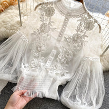 High quality vintage lace puff long sleeve blouse with a little sheer