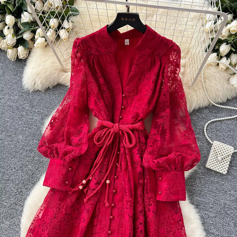 Luxury Embroidery Formal Dresses Women Summer Autumn Lantern Long Sleeve Lace Vestidos Pearl Prom Evening Birthday Dress Party
