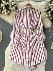 Striped Print Long Sleeve Dress, Silk Scarf Splicing Lace-up and High Quality Belt