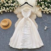 High-quality A-line dress with straps, V-neck, sleeveless, elegant fitted waist
