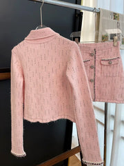 Slim Fit Spring Autumn Office Ladies Pink Tweed Short Jacket High Waist A-Line Skirt Two Piece Set Elegant Women Fashion Sets