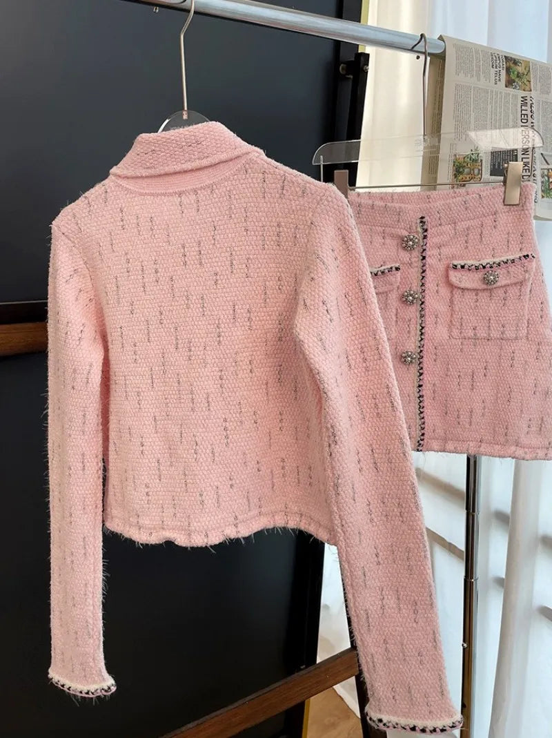 Slim Fit Spring Autumn Office Ladies Pink Tweed Short Jacket High Waist A-Line Skirt Two Piece Set Elegant Women Fashion Sets