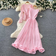 Lace Ruffle Camis Midi Dress Two Pieces Sets V Neck Top  Vintage   Tulle Pleated  Skirt   High Waist A-line Skirt Fall Sets